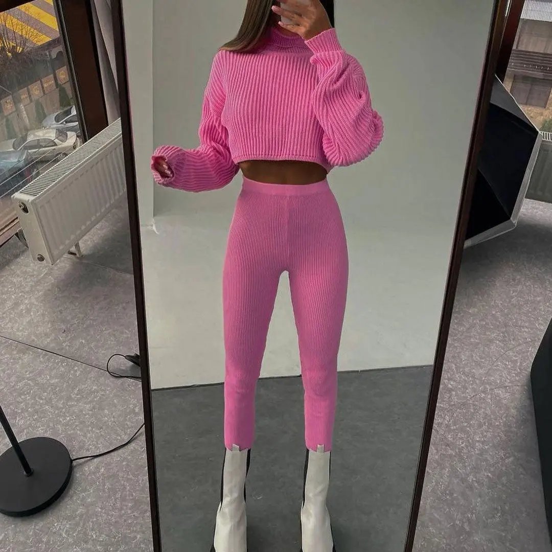 Active Rib Knit Turtleneck Crop Sweater Skinny Pants Matching Set - Pink  Fashionpara