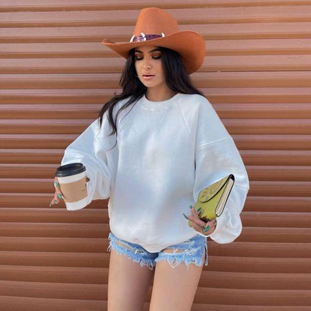 Ribbed Trim Drop Shoulder Long Sleeve Crew Neck Sweatshirt - White 2
