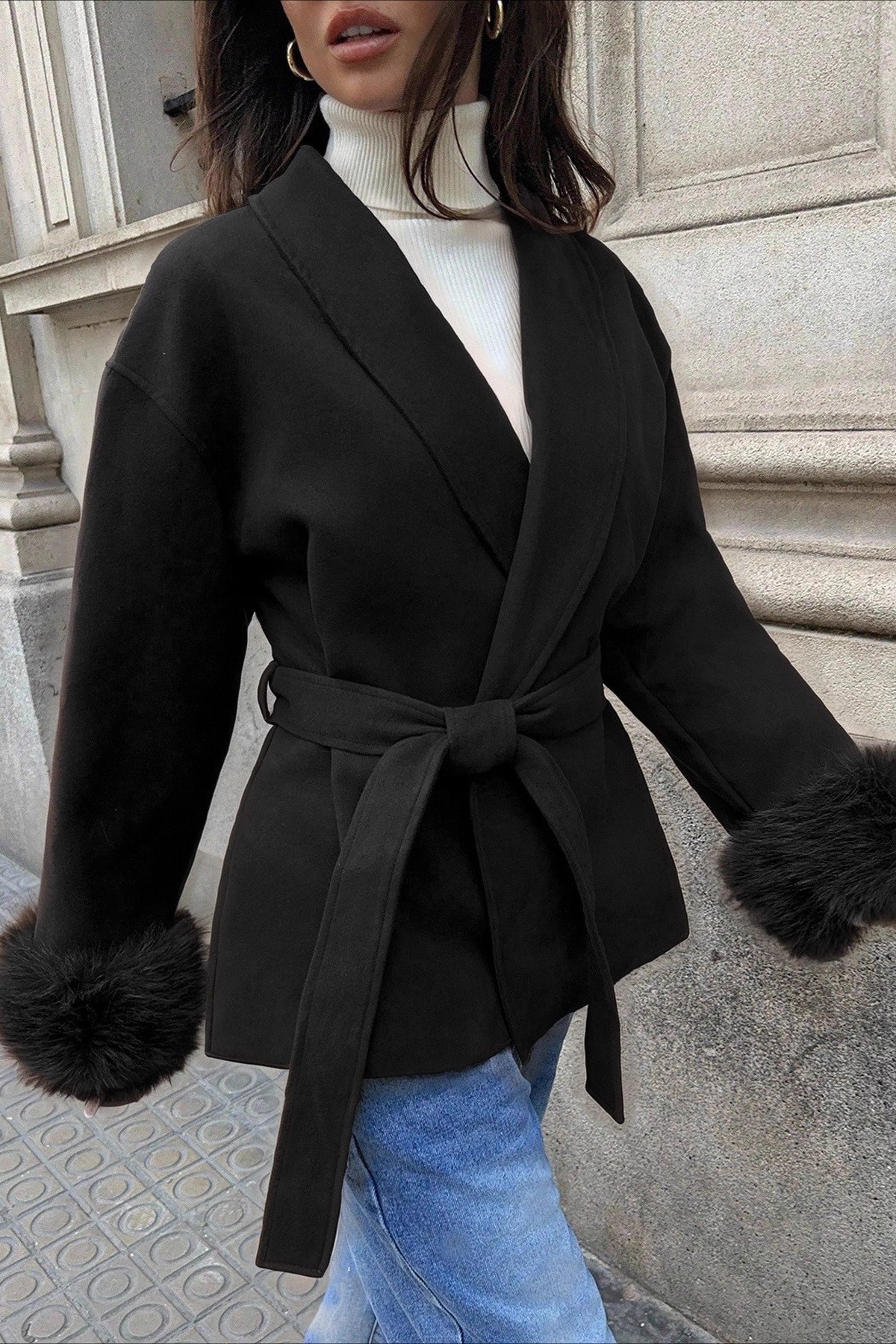 Wool Blend Faux Fur Cuff Belted Long Coat - Fashionpara