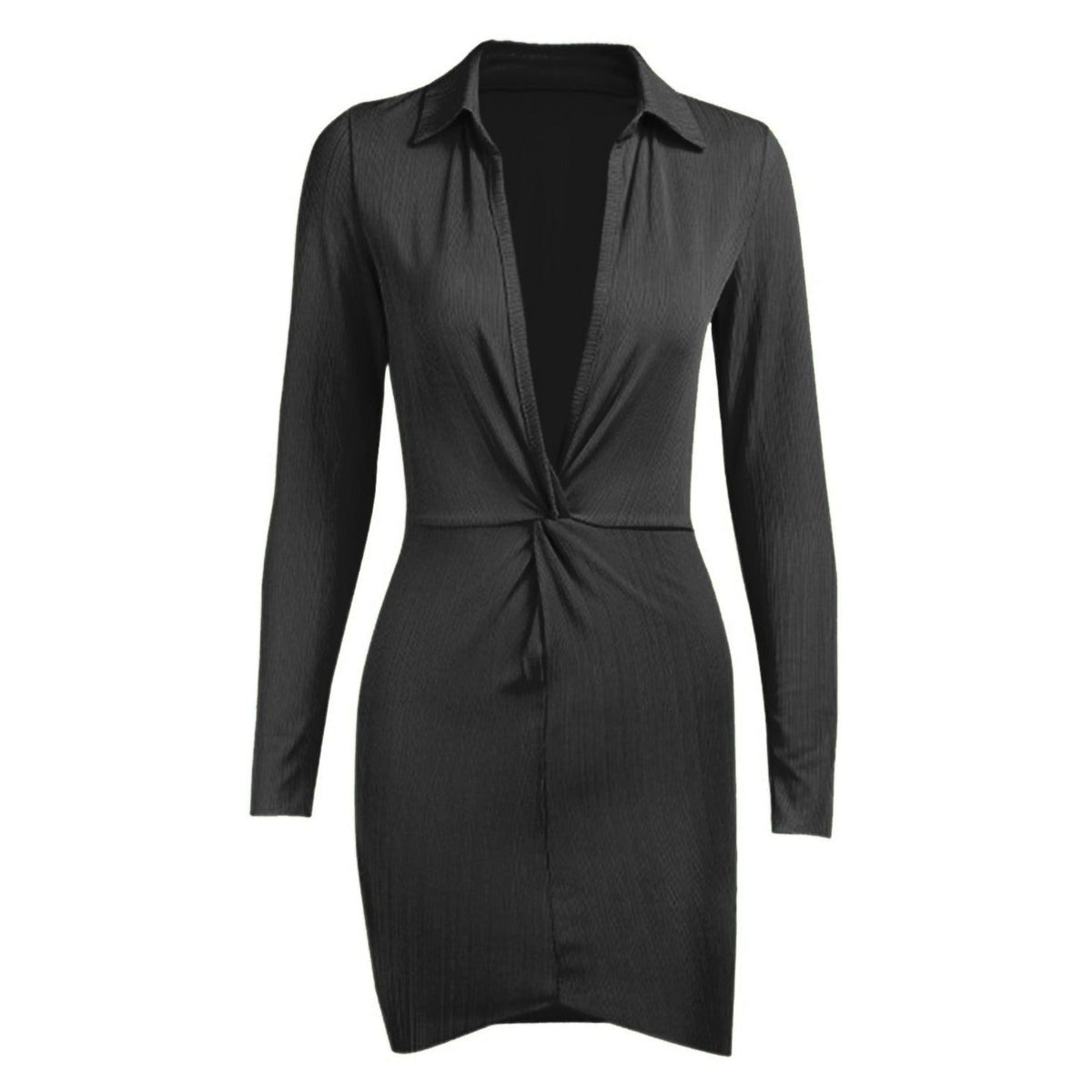 Ribbed Collared Deep V Twist-Front Long Sleeve Dress 10