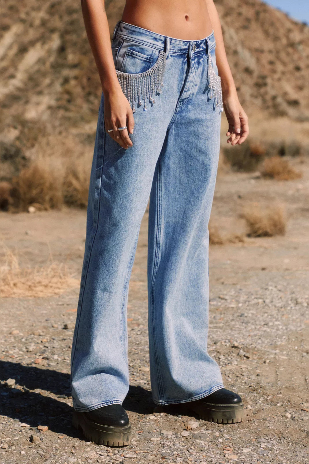 Fringe Chain Detail Denim Jean