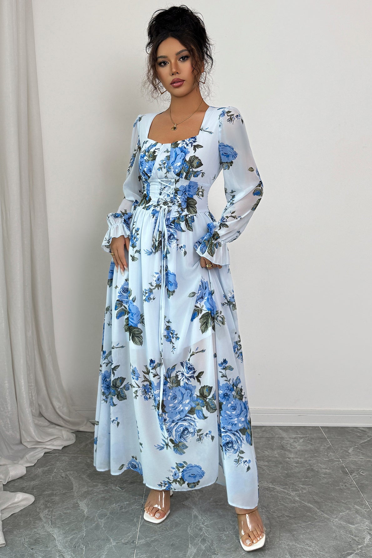 Floral Print Square Neck Puff Sleeve Corset Maxi Dress