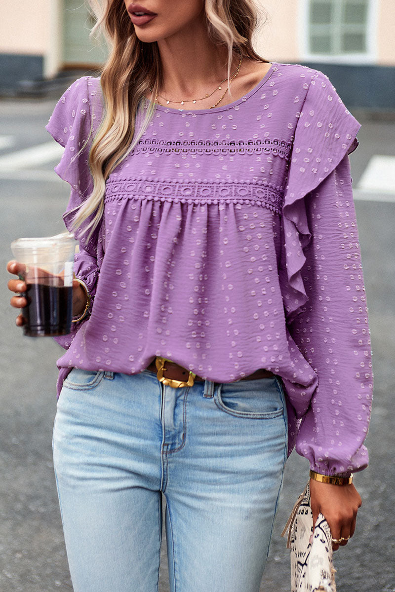 Long Sleeve Ruffle Round Neck Casual Tops - Fashionpara