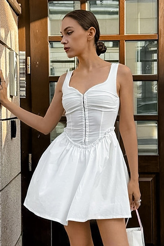 Buttoned Ruched Square Neck Mini Dress
