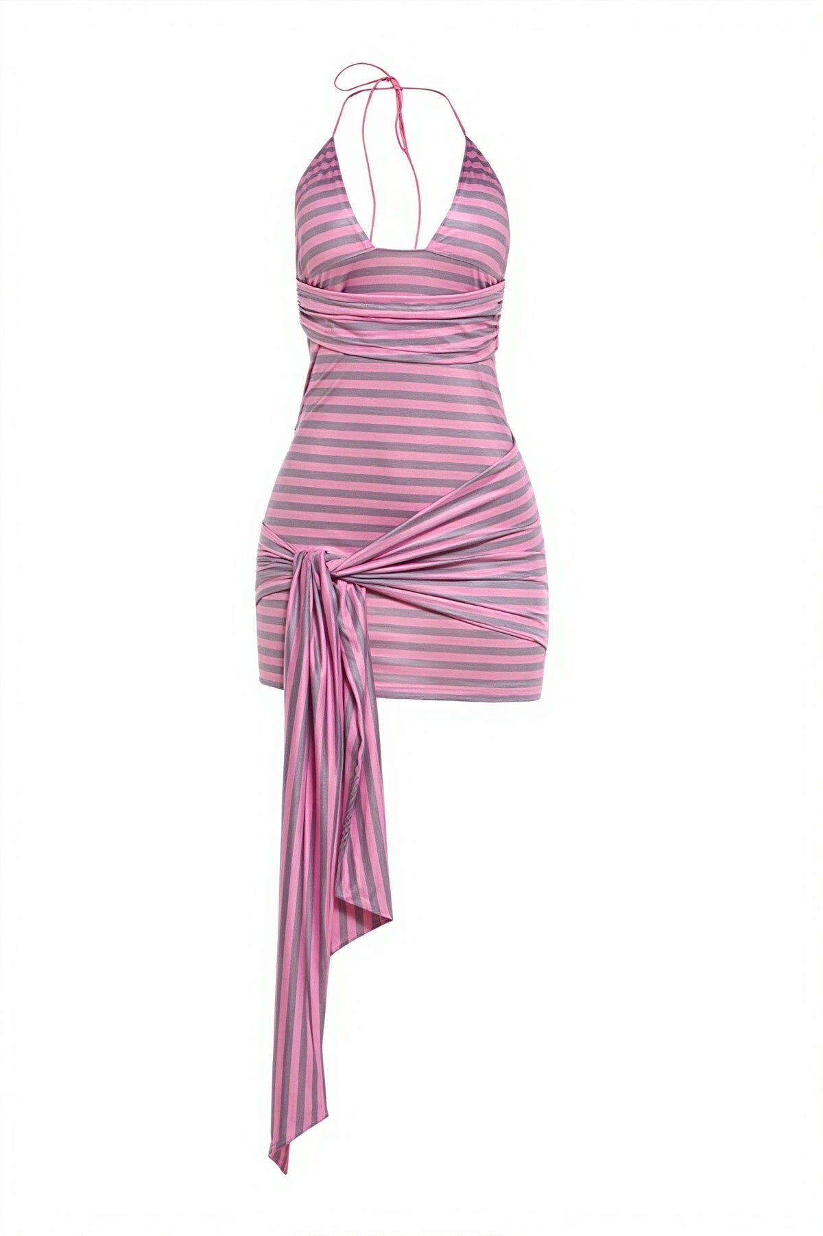 Striped Halter Deep V-Neck Ruched Bodycon Mini Dress 11