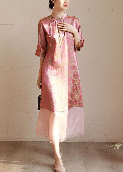 Jacquard Mandarin Collar Tassel Tie Three Quarter Midi Dress