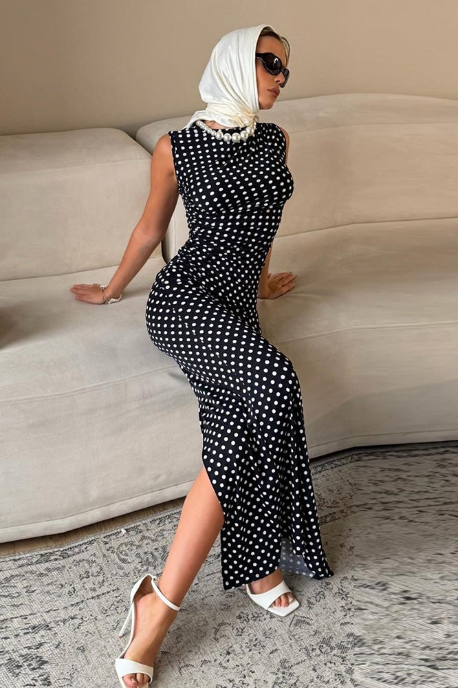 Polka Dot High Neck Sleeveless Bodycon Maxi Dress 6