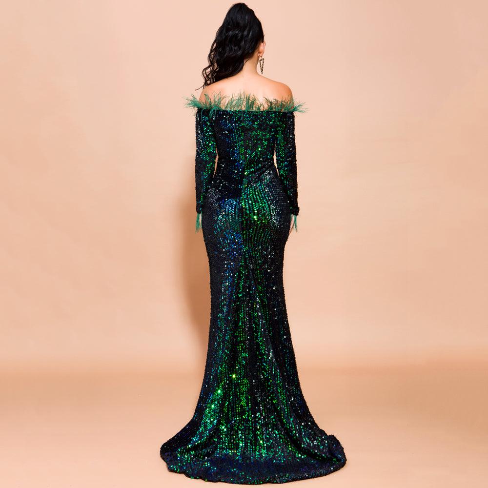 Emerald Green Feathered Mermaid Sequins Dress - Fashionpara