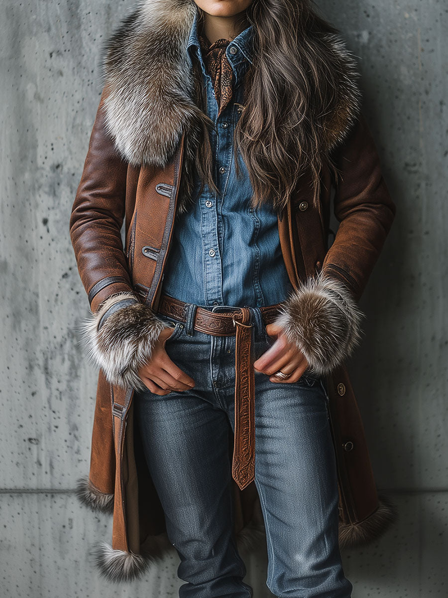 Vintage Brown Shearling Eco Leather Long Coat With Eco Fur Trim - Fashionpara