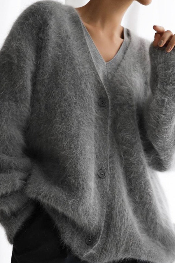 Fuzzy Balloon Sleeve V Neck Knit Cardigan