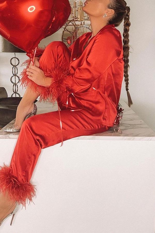 Solid Color Lapel Feather Trousers Two-piece Suit - Fashionpara
