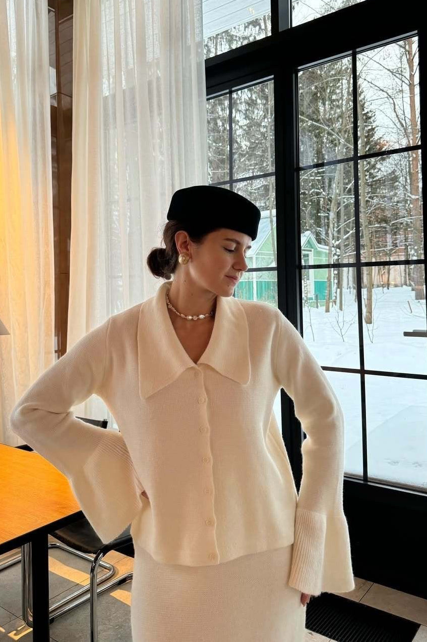 Elegant Pink Bell-Sleeve Cardigan and Straight Skirt Set