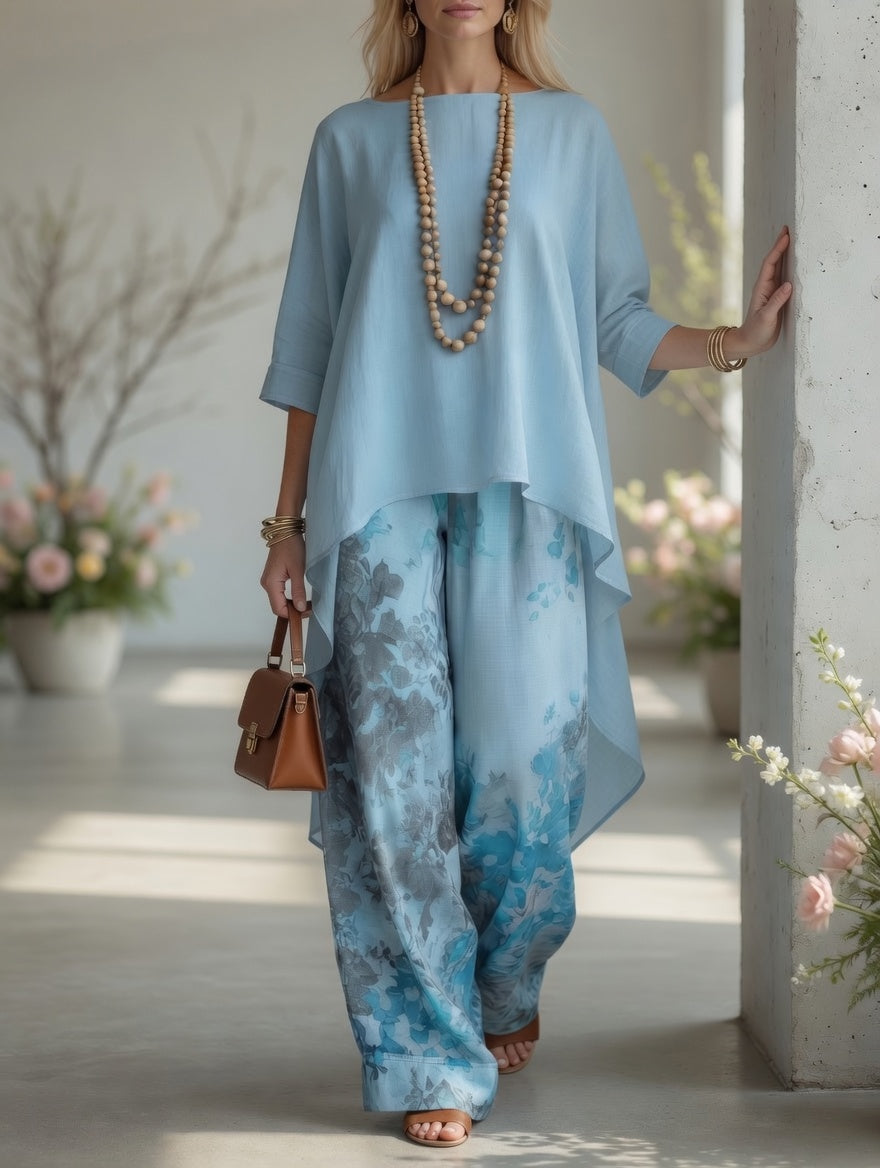 Boat Neck High Low Top and Floral Print Wide Leg Pants Two Piece Set 5