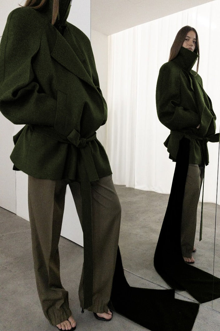 Solid Asymmetrical High Stand Collar Loose Tie Waist Coat