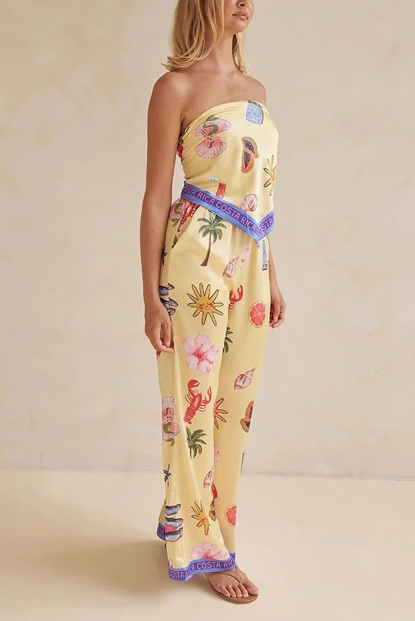Linen Blend Unique Printed Bandeau Top and Elastic Waist Pocket Pants Set - Fashionpara