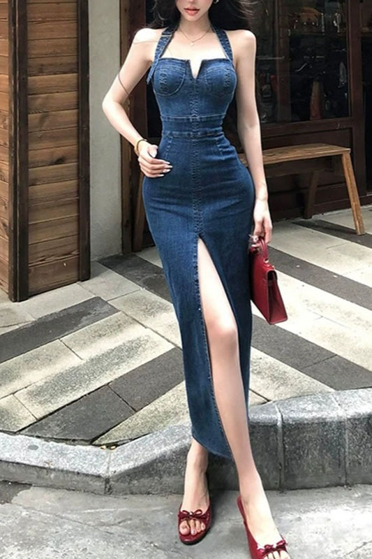 Denim Halter Neck Front-Slit Bodycon Maxi Dress