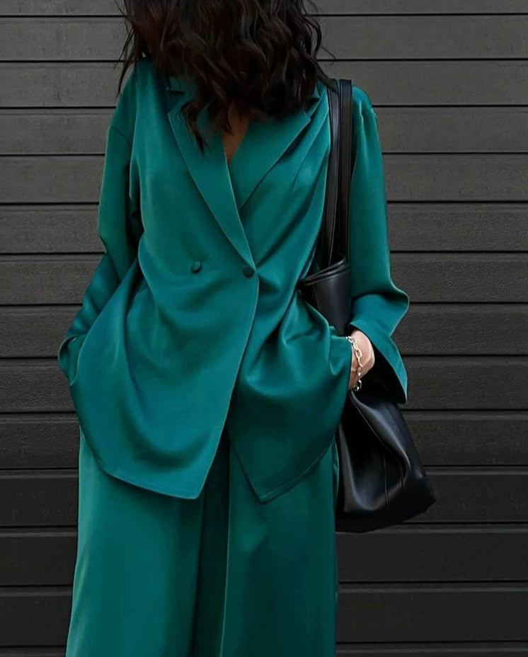 Green Satin High Waist Trousers Office Two Piece Set