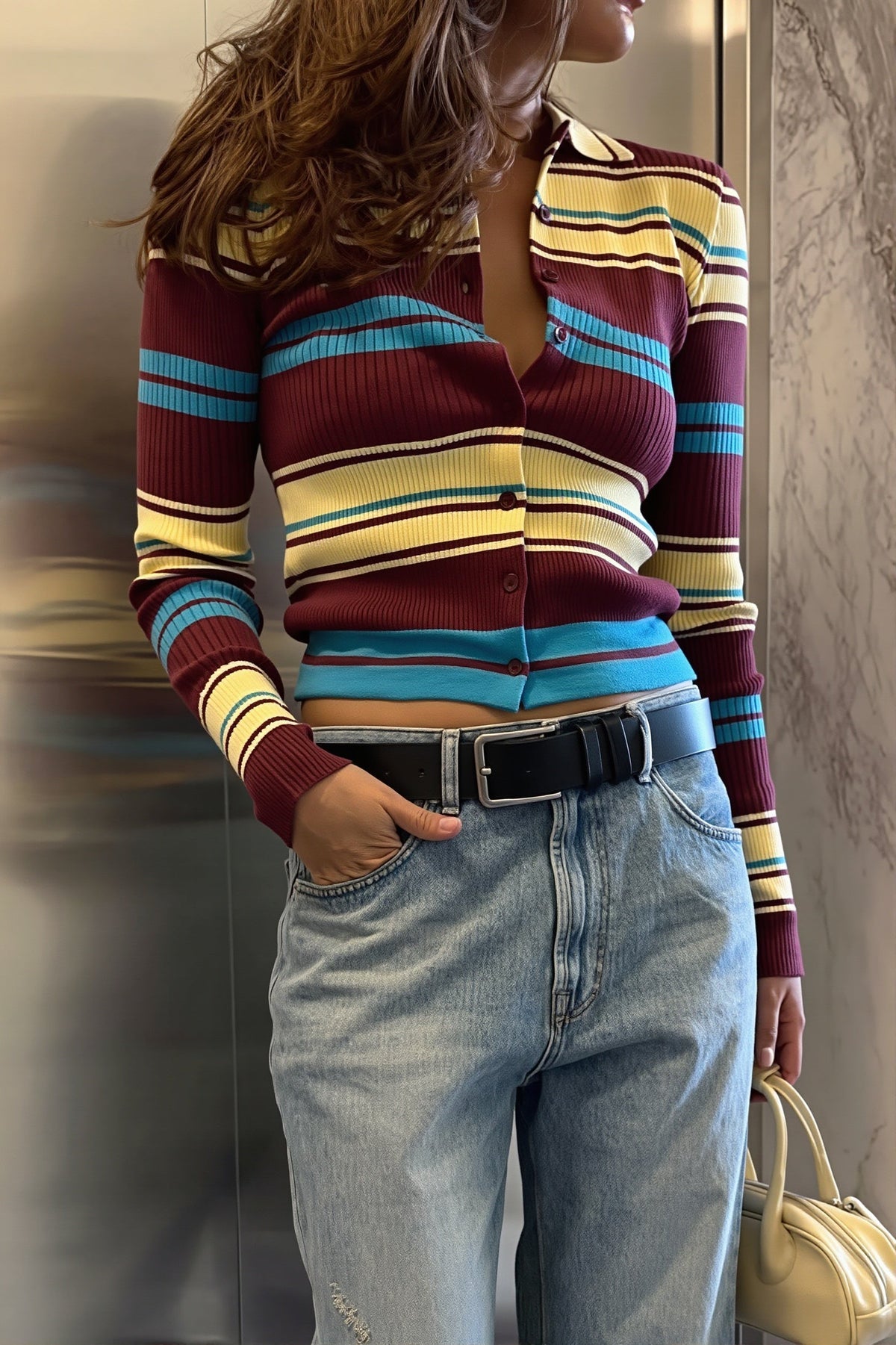 Multicolor Stripe Polo Collar Cardigan 4
