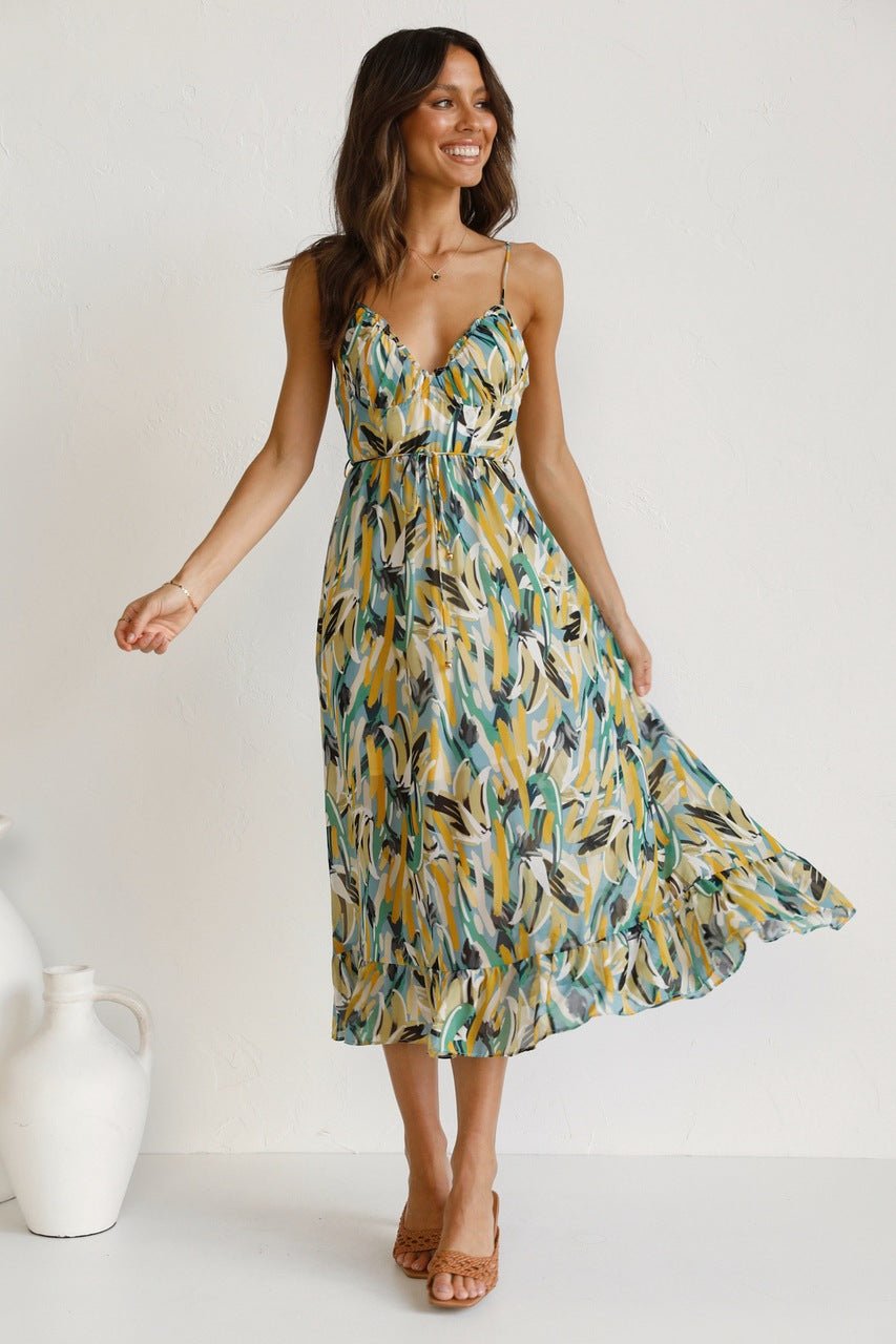 Spaghetti Strap V-Neck Tiered Ruffle Chiffon Midi Summer Dress - View 9