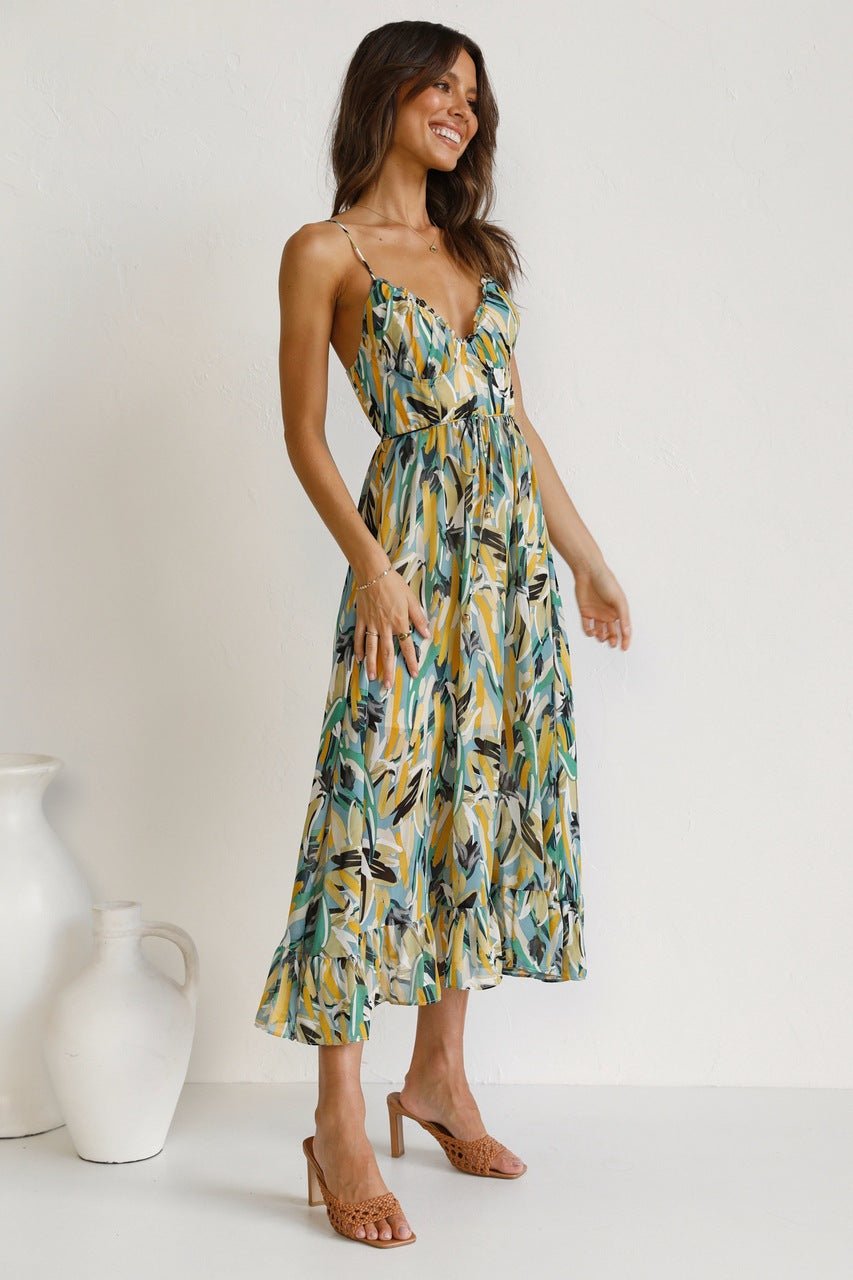Spaghetti Strap V-Neck Tiered Ruffle Chiffon Midi Summer Dress - View 5