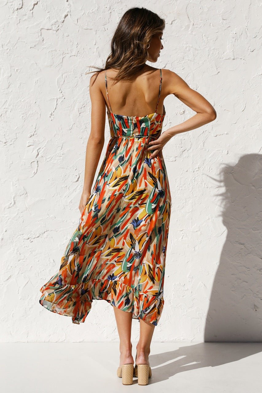 Spaghetti Strap V-Neck Tiered Ruffle Chiffon Midi Summer Dress - View 4