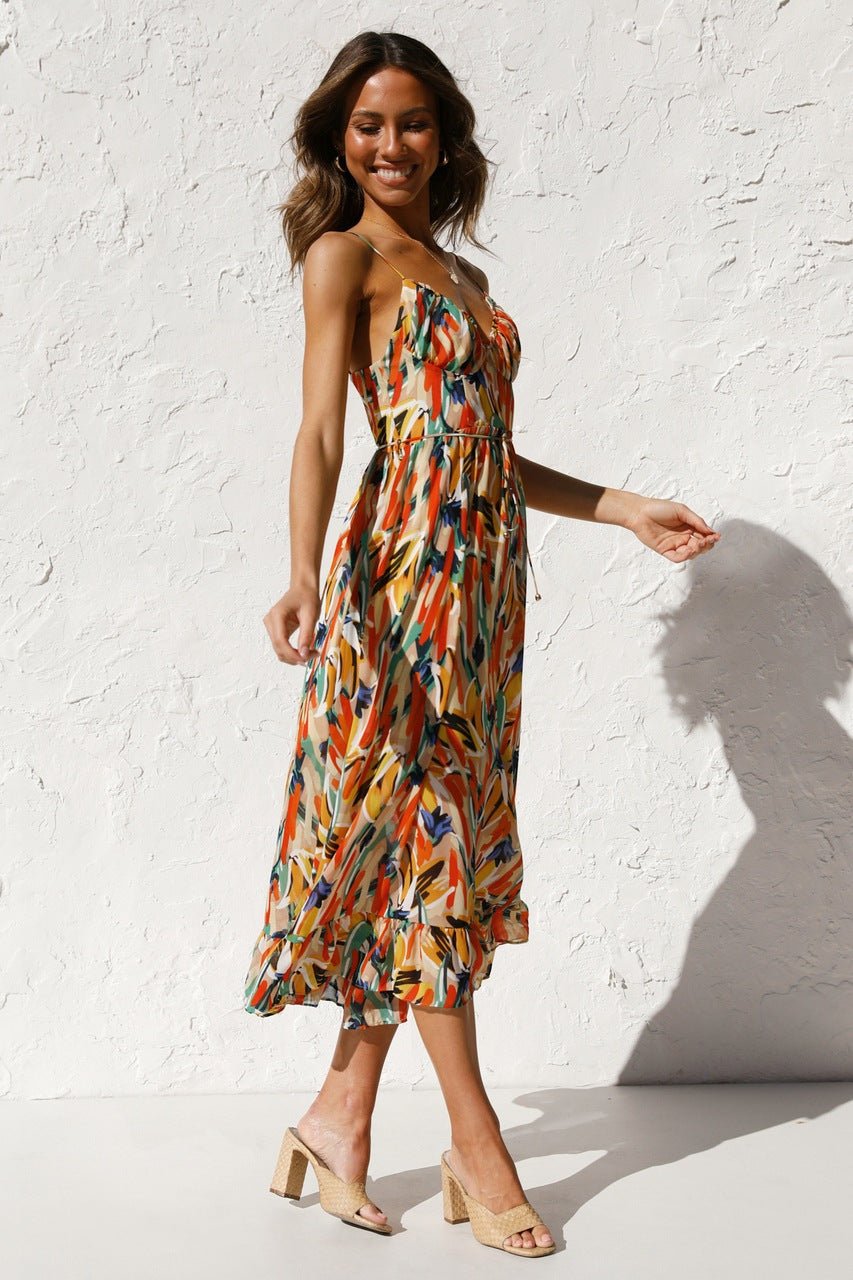 Spaghetti Strap V-Neck Tiered Ruffle Chiffon Midi Summer Dress - View 3