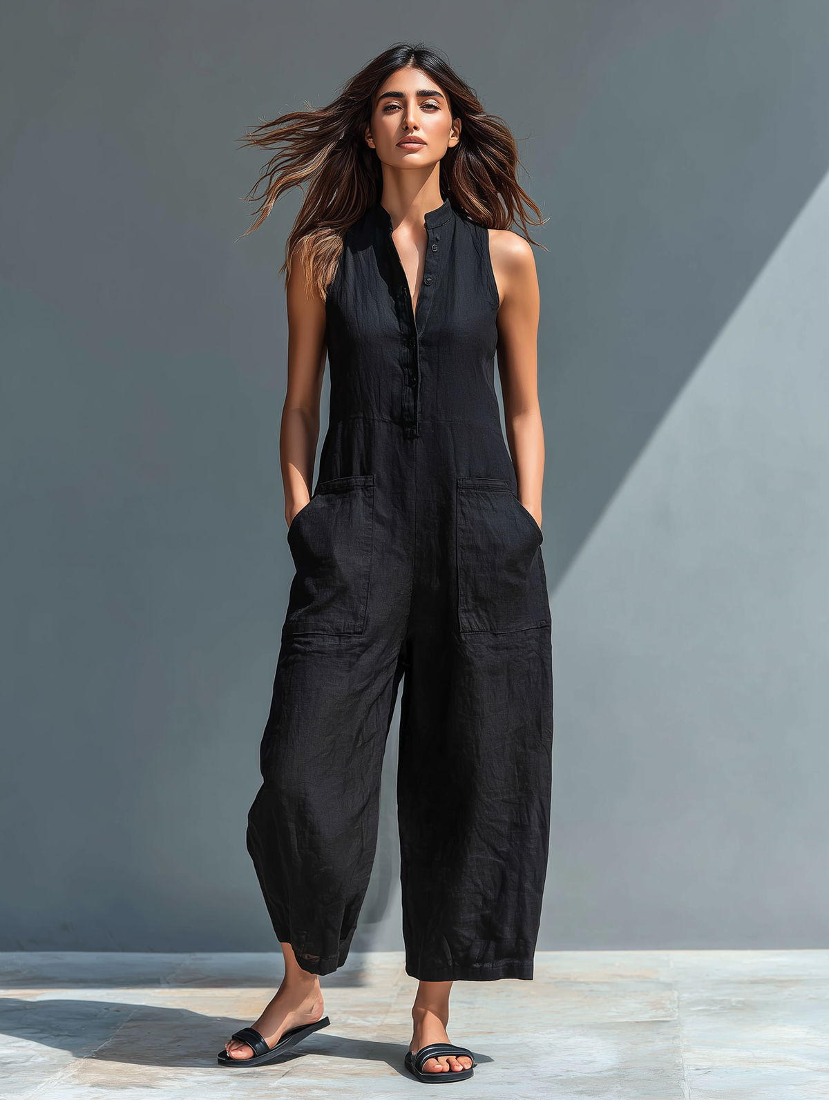 Stand Collar Sleeveless Button Front Wide Leg Jumpsuit 4