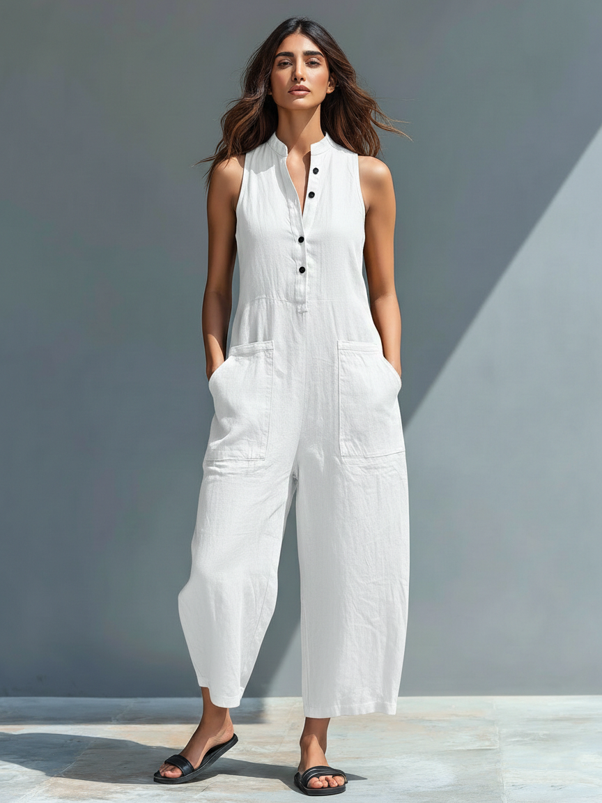 Stand Collar Sleeveless Button Front Wide Leg Jumpsuit 3