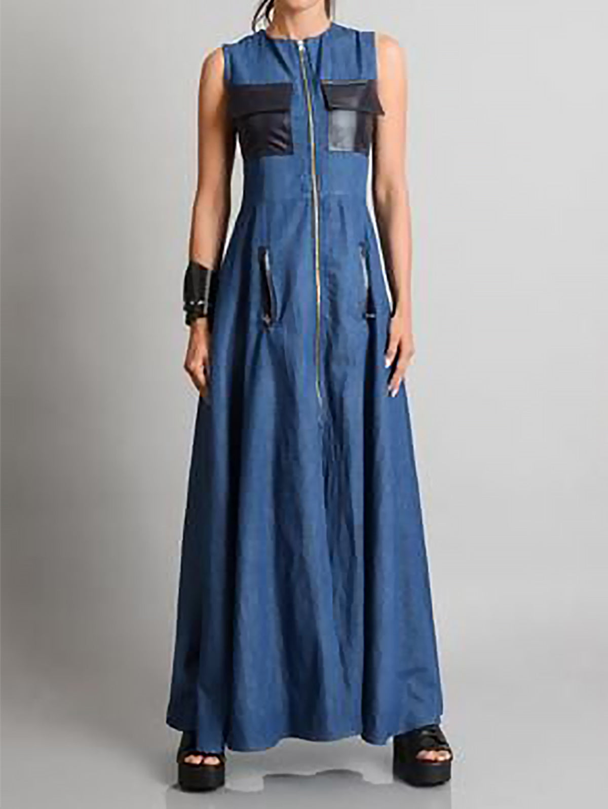Denim Sleeveless Zip Front Flap Pocket Contrast Trim A-Line Maxi Dress - View 3
