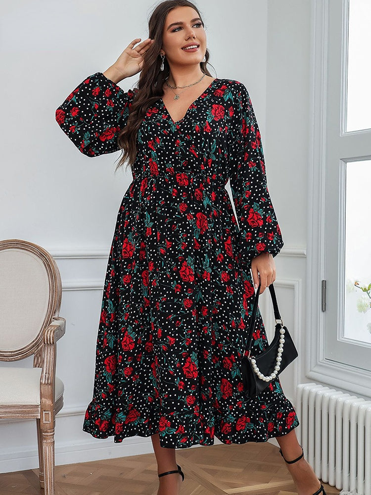 Print V-Neck Swing High Waist Loose Midi Dresses 5