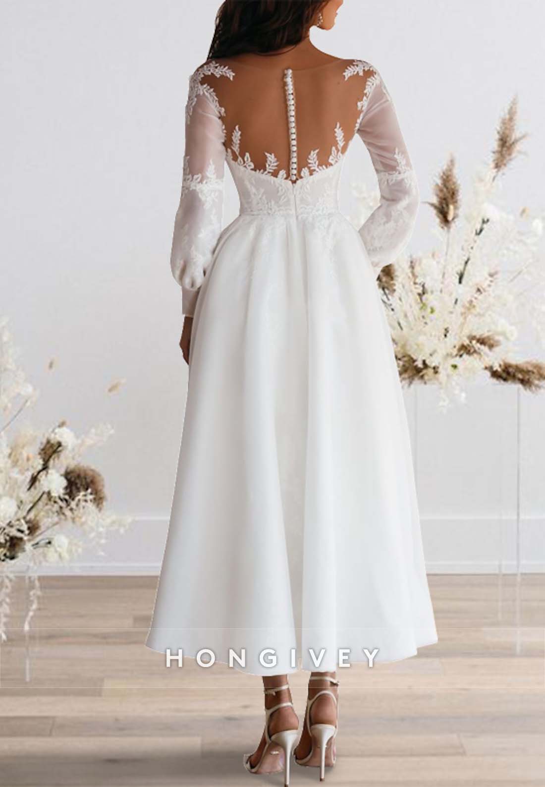 Tea-Length Pleated A-line Long Sleeve Lace V Neck Wedding Dresses