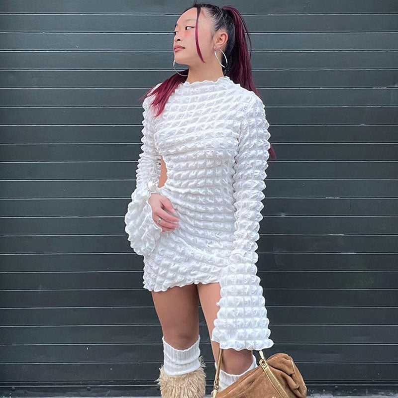 Popcorn Texture Cut-Out Long Sleeve Bodycon Mini Dress