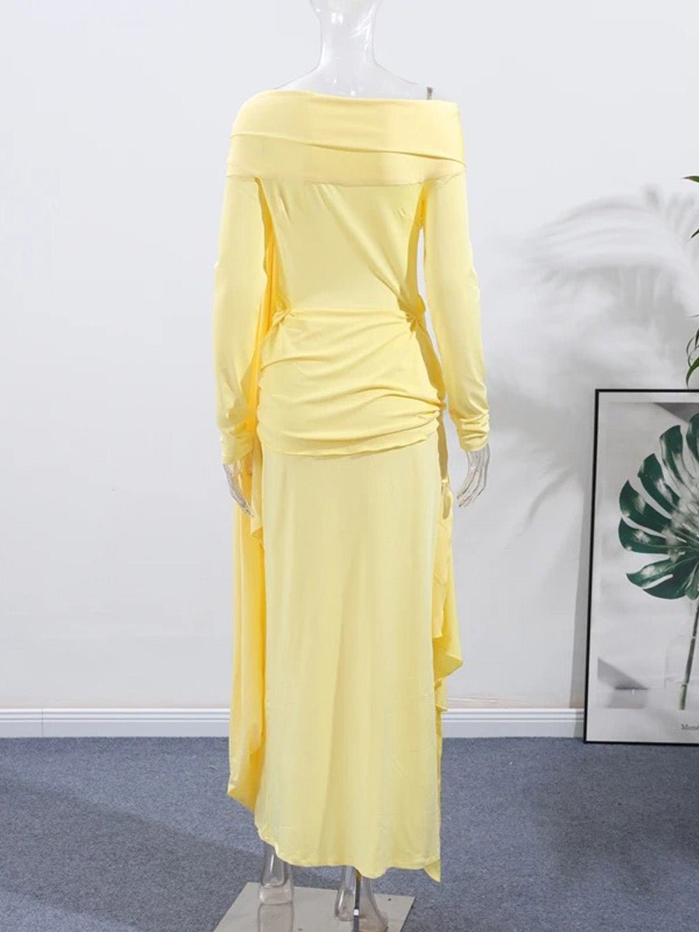 Off Shoulder Draped Ruched Long Sleeve Maxi Gown - View 2