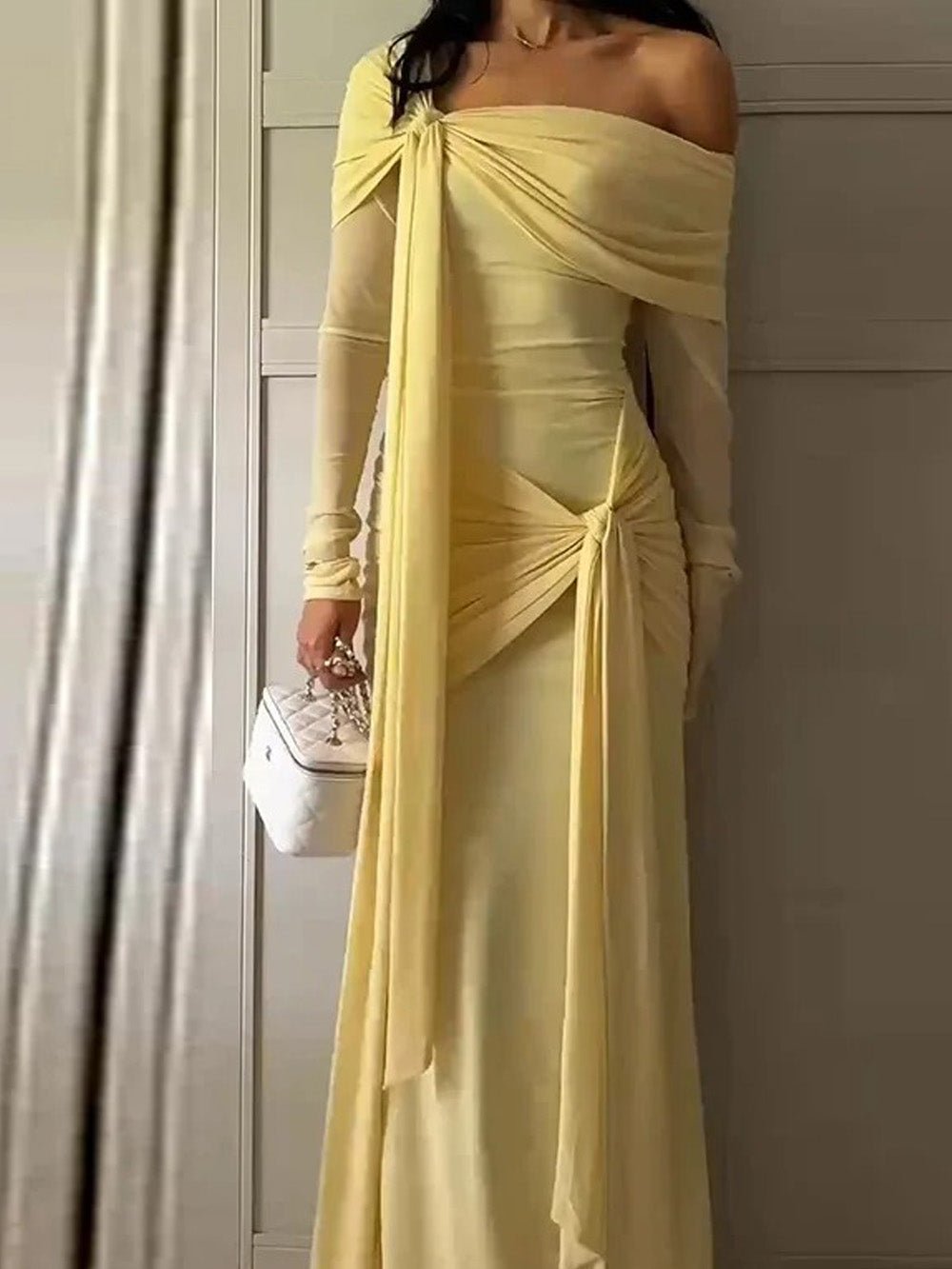 Off Shoulder Draped Ruched Long Sleeve Maxi Gown