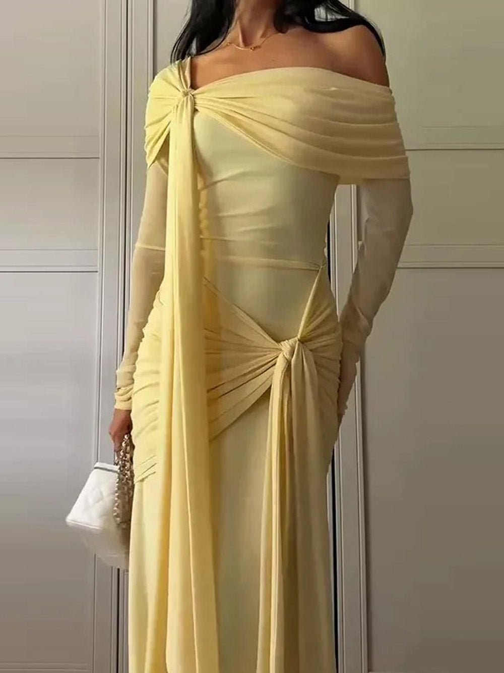 Off Shoulder Draped Ruched Long Sleeve Maxi Gown - View 3