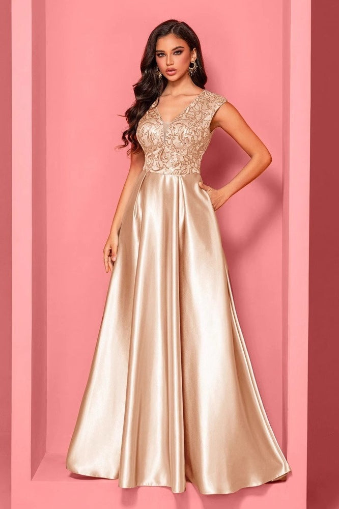 Lace Bodice V-Neck Cap Sleeve Satin A-Line Gown