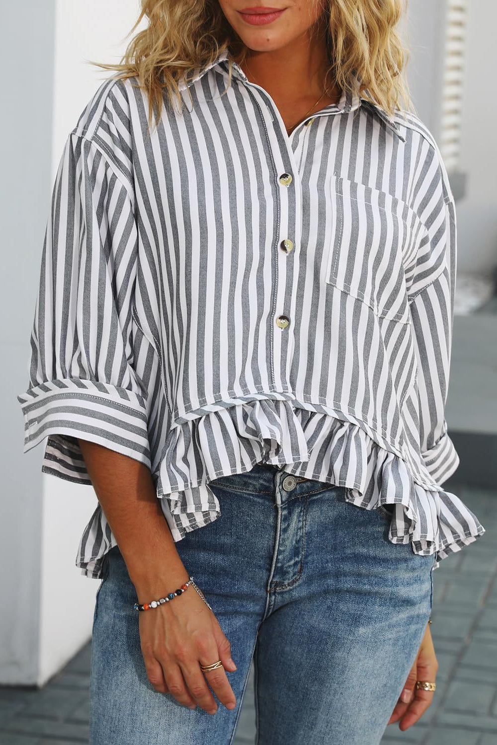 Striped Loose Fit Lace Hem Blouse - Fashionpara
