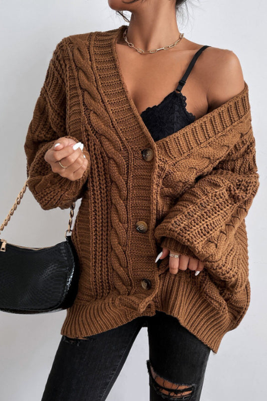 Vintage Cable Knit V-Neck Cardigan with Balloon Sleeves