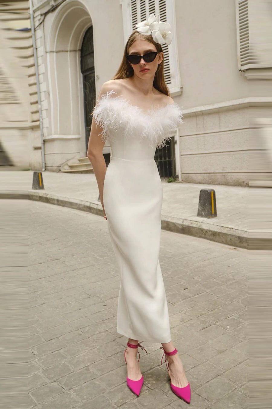 Feather Trim Off Shoulder Column Maxi Dress 4