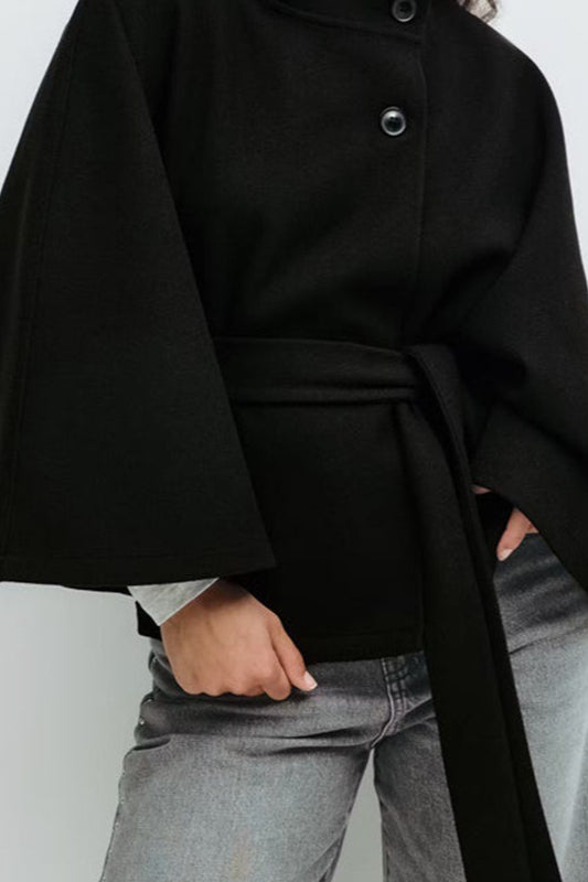 Solid Cape Stand Collar Buttoned Waist-Tied Trench Coat
