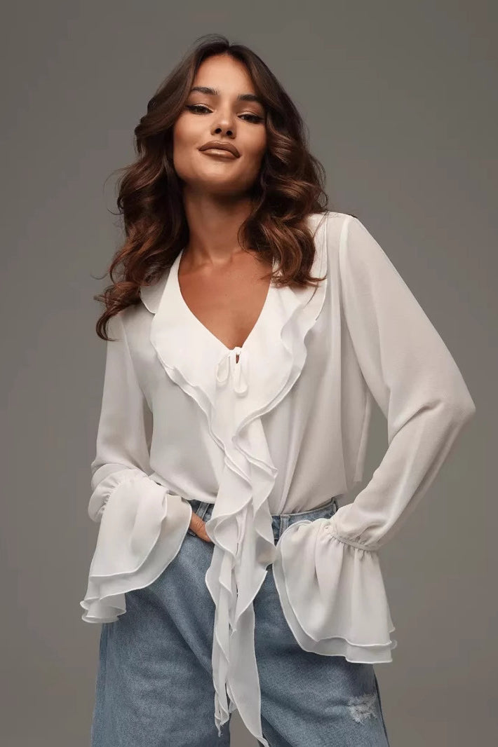 Solid V-Neck Ruffled Flare Sleeve Blouse