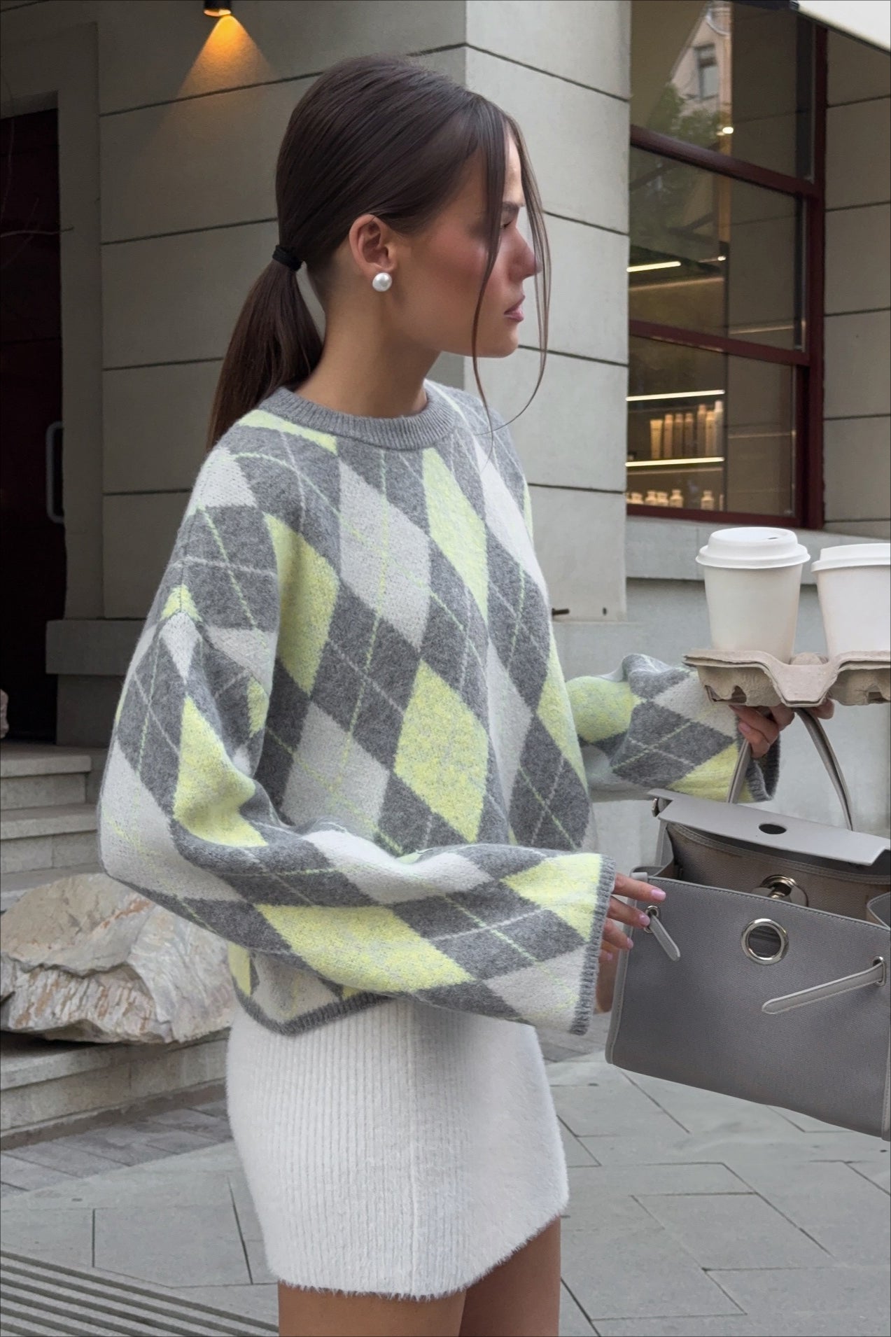 PrincessAce Argyle Knit Green Color Block Crewneck Sweater