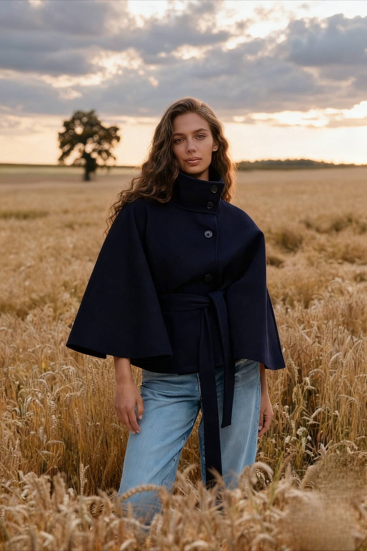 Button Up Stand Collar Cape Coat