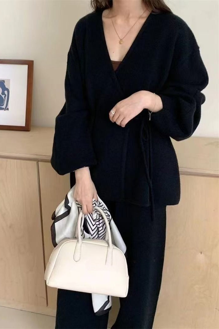 Chic PrincessAce Loose Belted Cardigan and Wide-Leg Pants Set