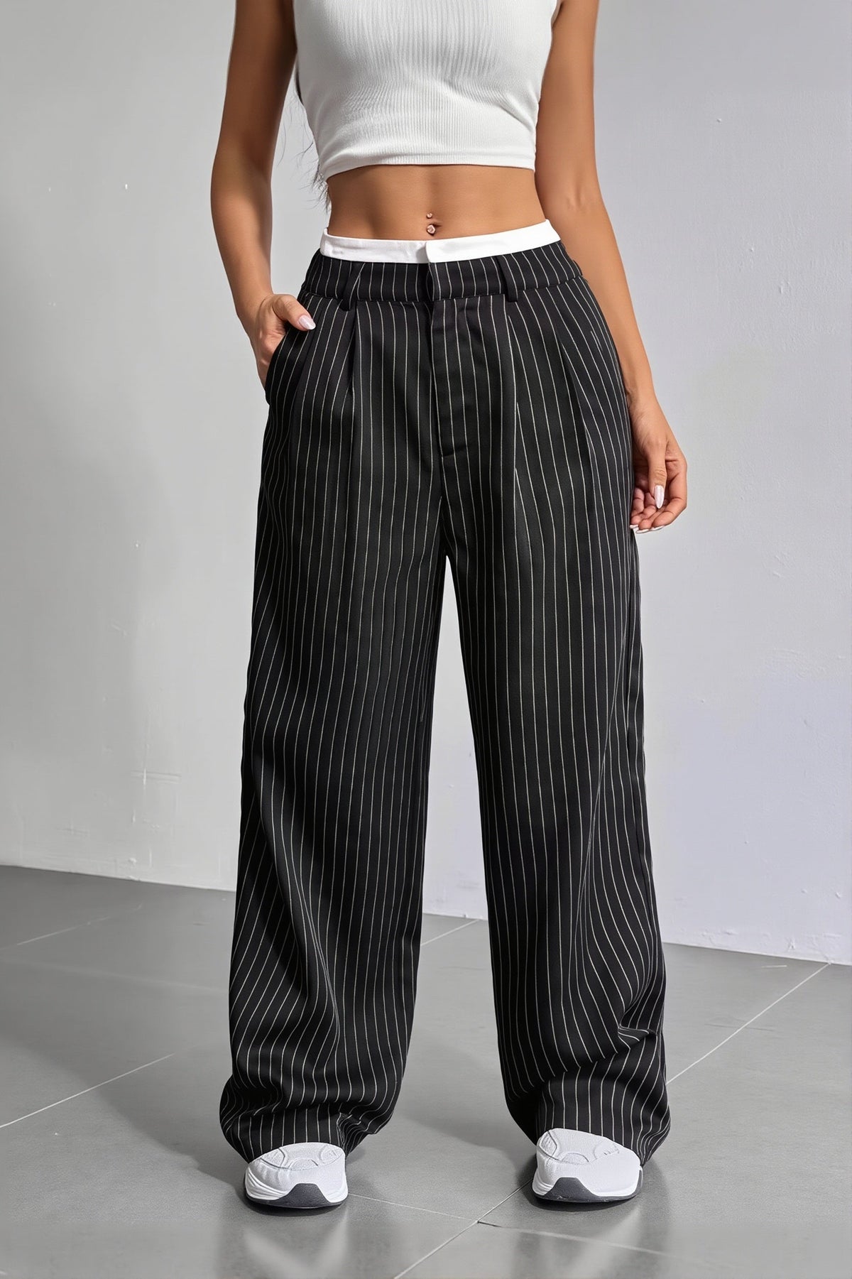 Pinstripe Double Waistband Pants
