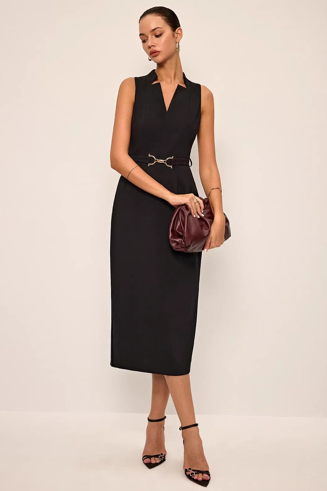 Stand Collar Split Neck Sleeveless Belted Midi Dress