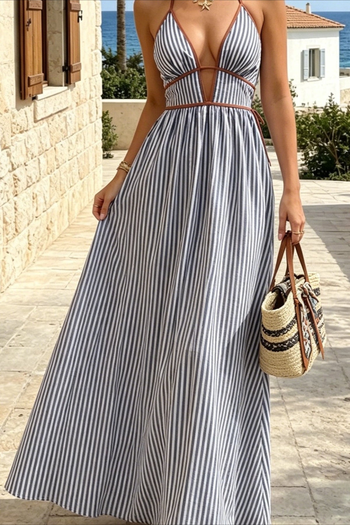 Striped Deep V Strappy Backless Maxi Dress 4