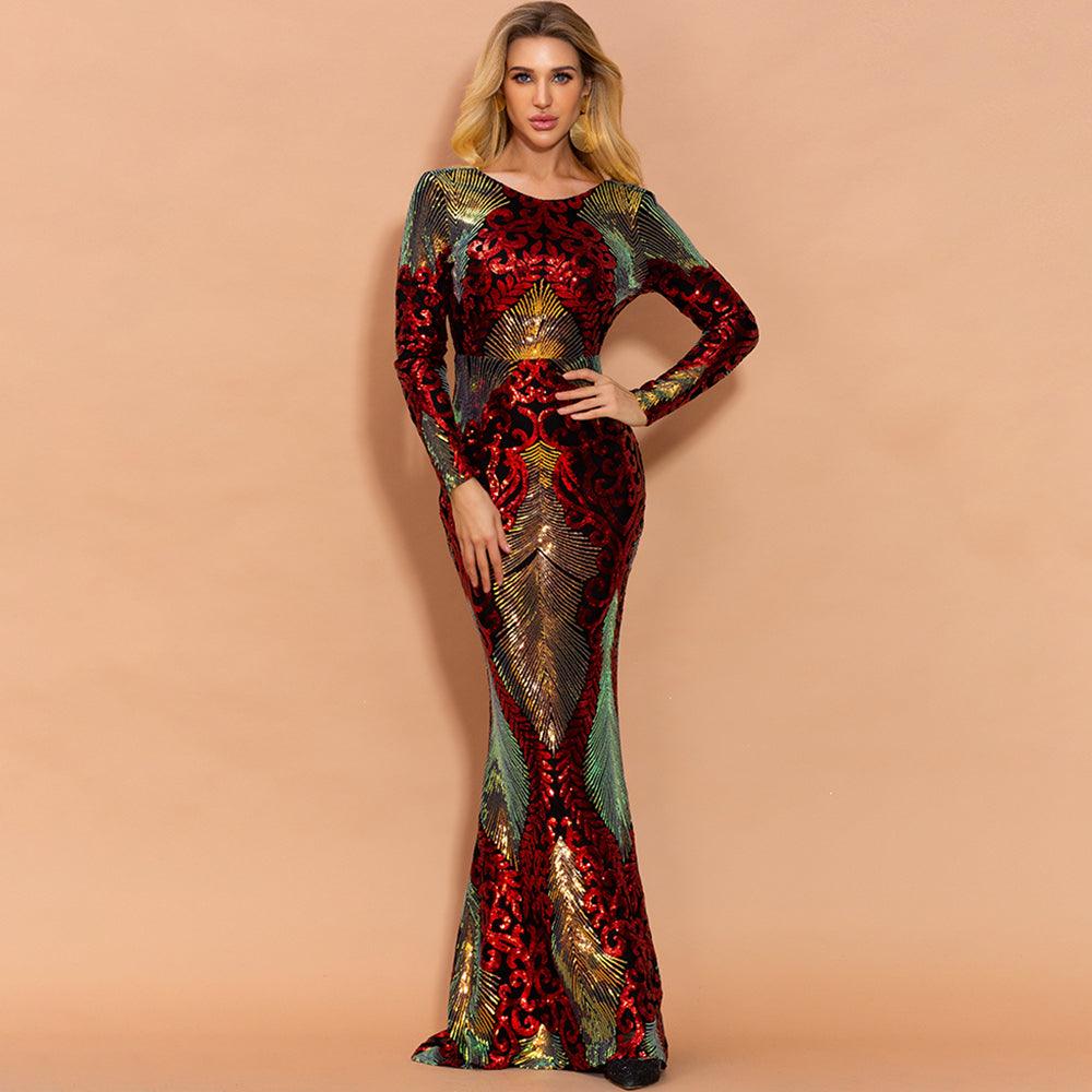 Scarlet Shimmering Brocade Sequin Backless Dress - Fashionpara