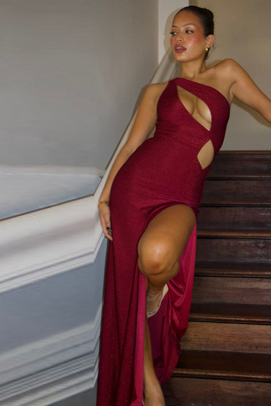 One Shoulder Cutout Thigh-Slit Bodycon Maxi Dress 13