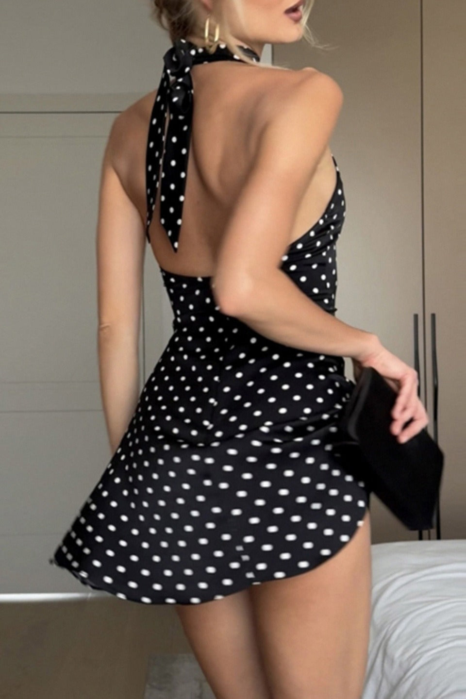 Polka Dot Halter Backless Bodycon Mini Dress - Fashionpara